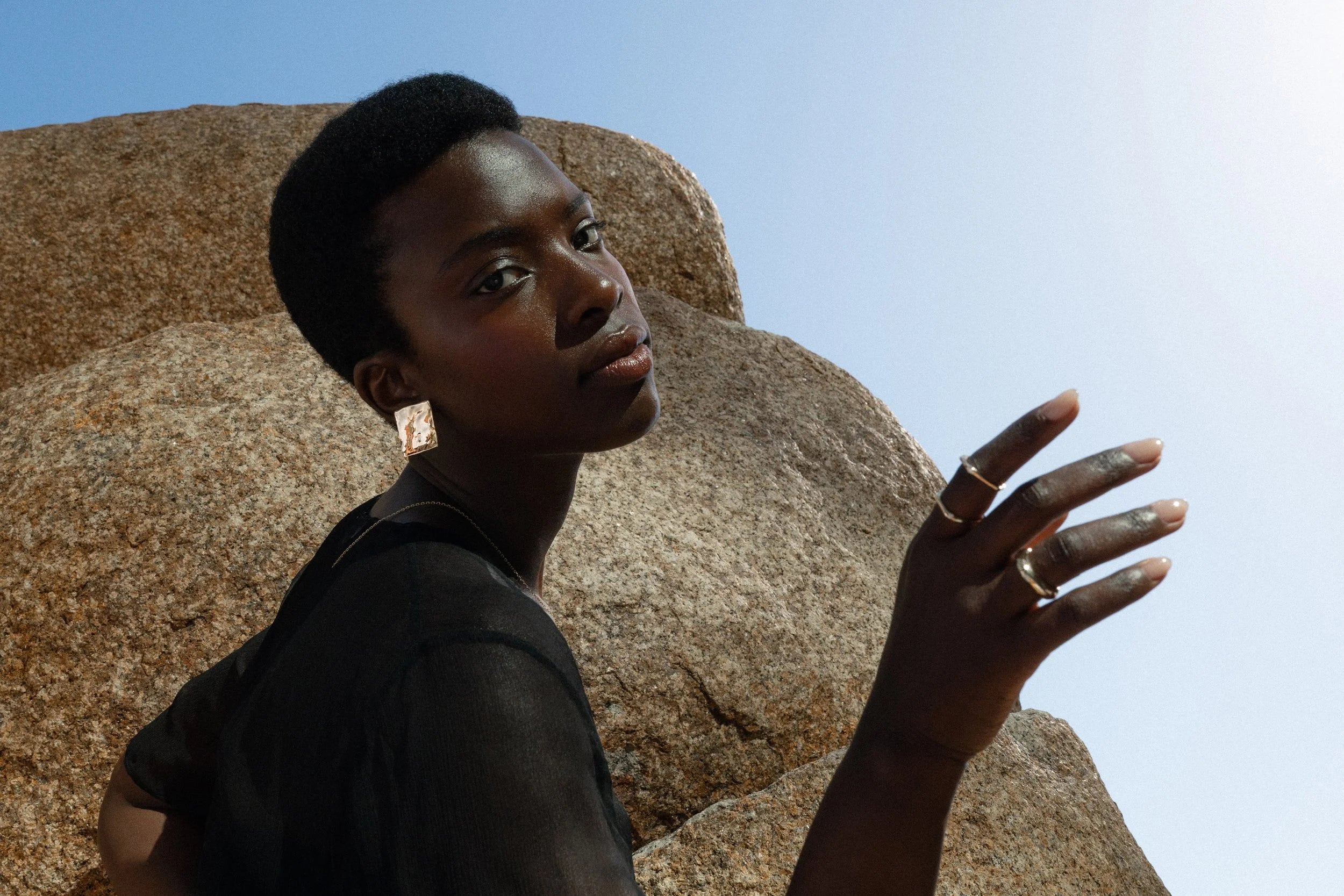 The Plane Earrings paired with the Diamond Sirius B, Diamond Sirius C Ring and the Persephone Ring.