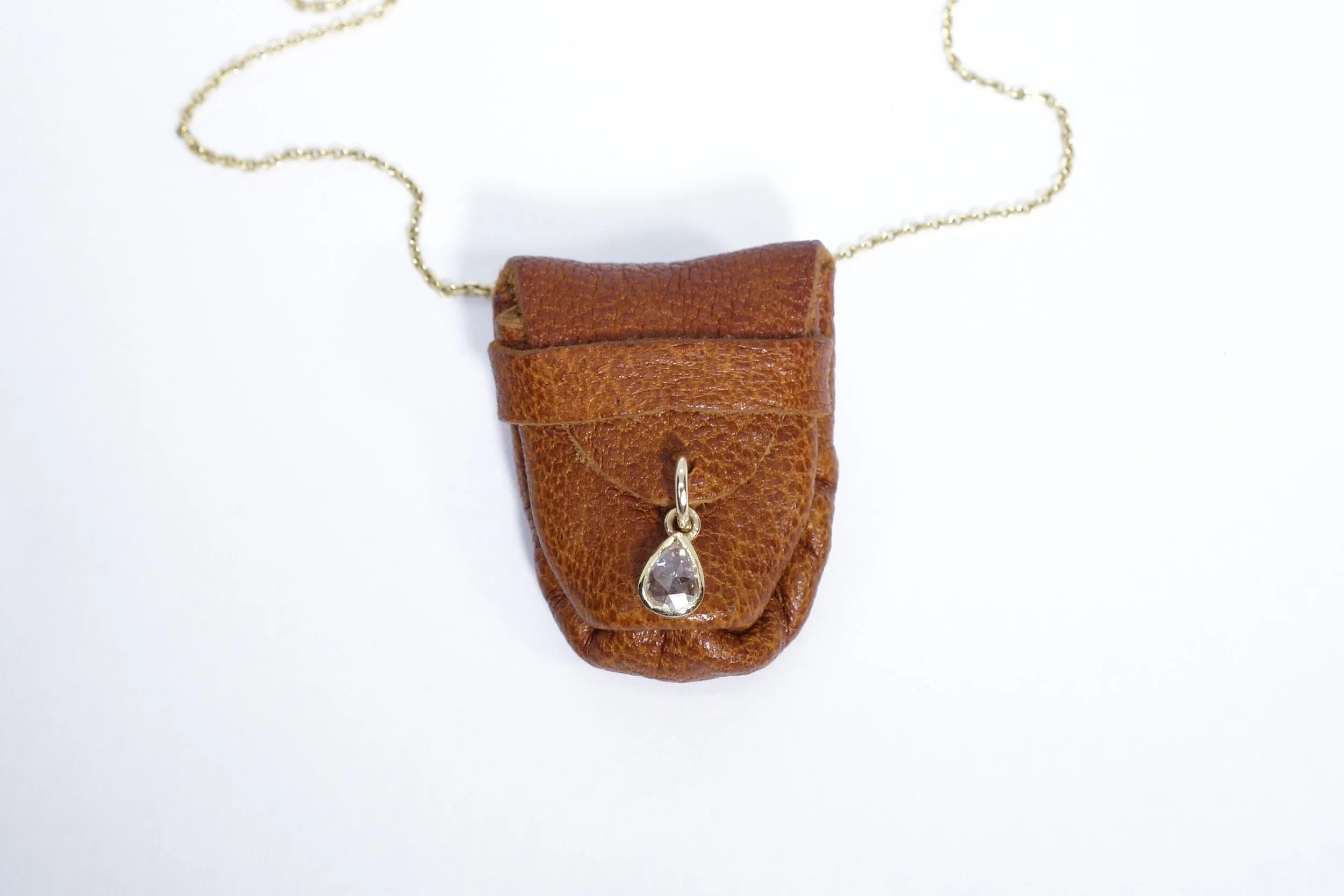 Talisman Fine Jewelry Rose Cut Diamond Talisman Pouch Necklace in Leather & 14k Gold