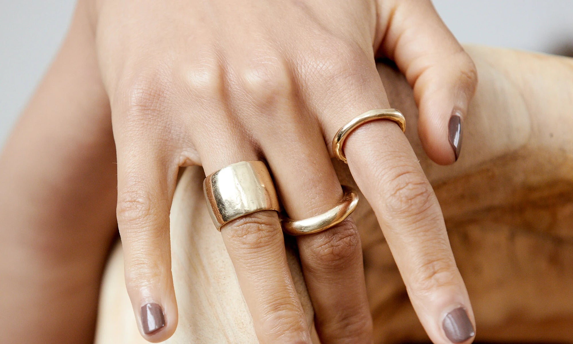 The Demeter Cigar Ring, Rollo Band and Petite Rollo Band. Hand carved and cast in recycled 14k gold using traditional lost wax casting techniques.