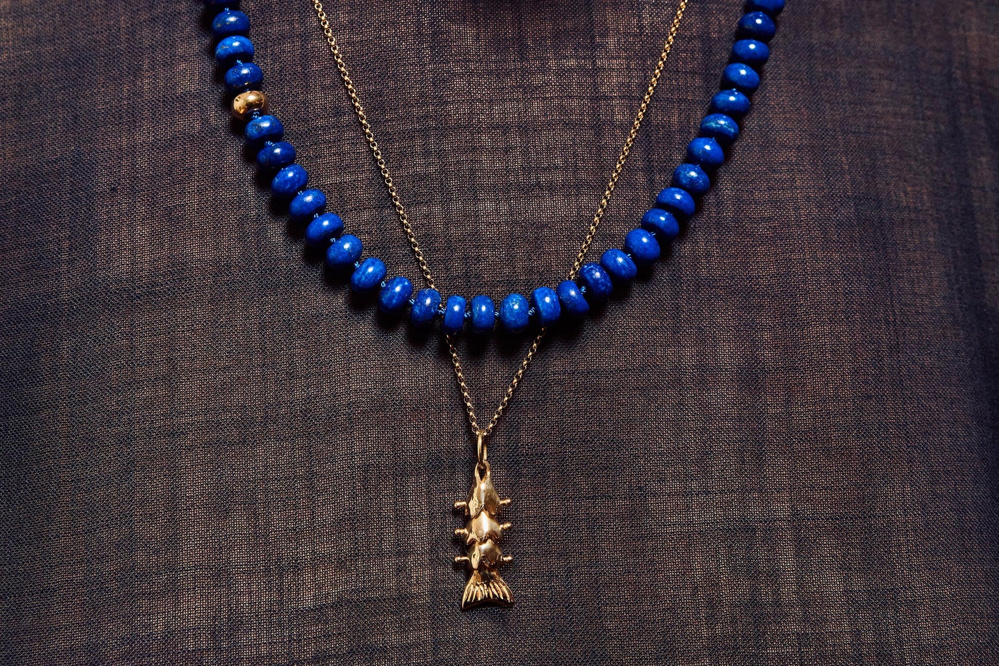 Detail shot of our Prayer Necklace in Lapis and Piscean Dream Necklace.