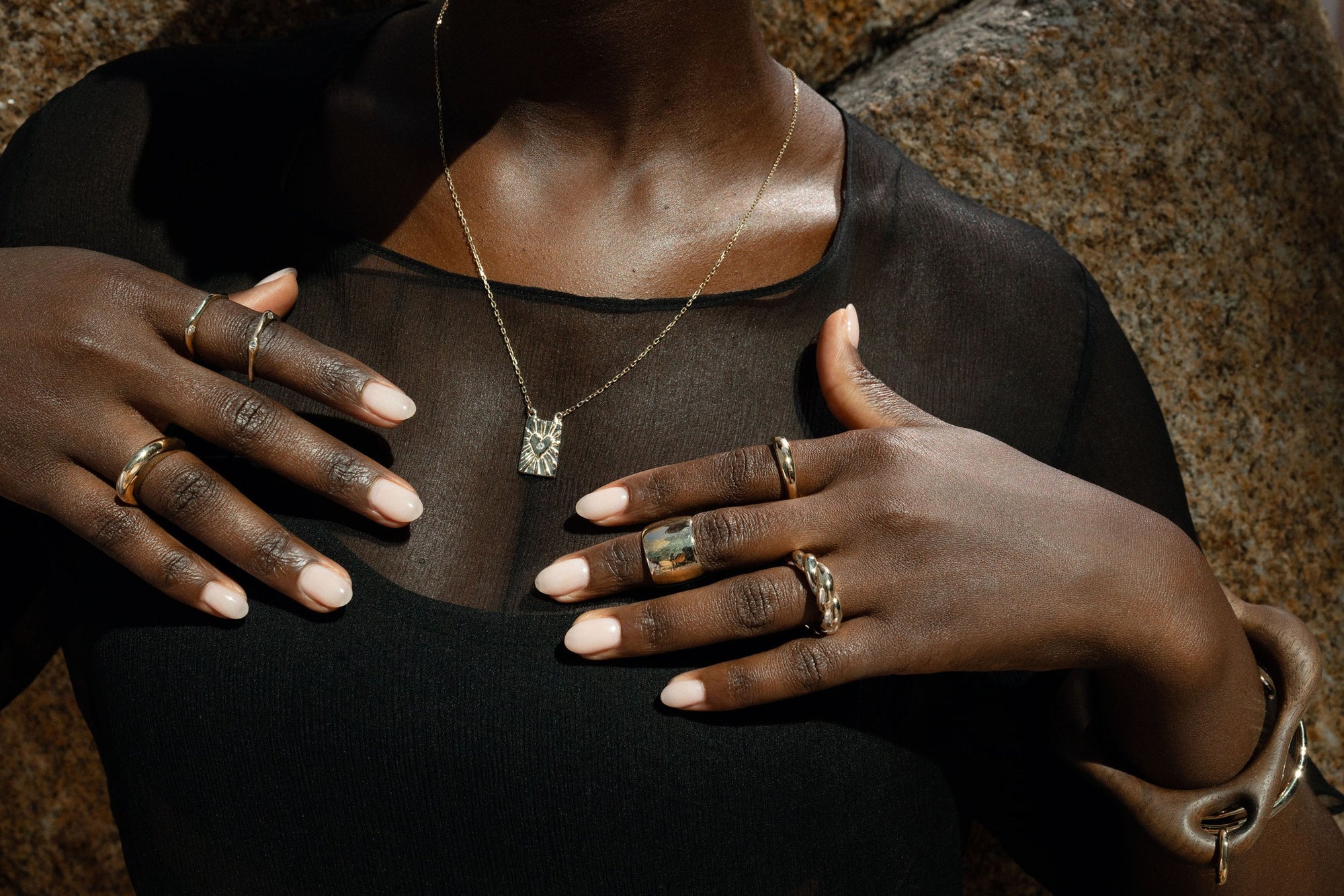 From left: the Persephone Ring, Diamond Sirius B, Diamond Sirius C Ring, Angelic Light Scapular Necklace, Conjuct Cigar Band, Helix Band and Portal Ring.